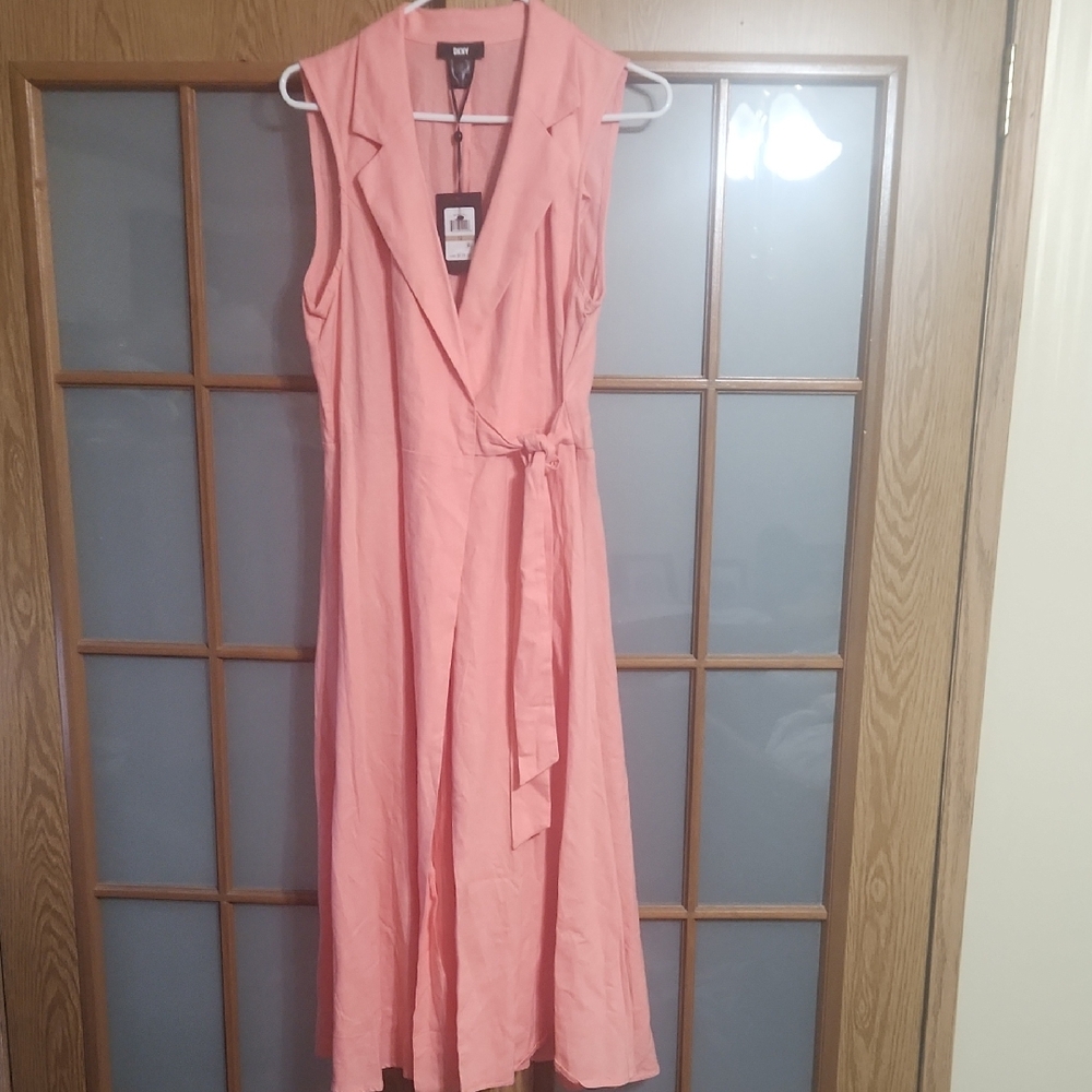 DKNY Sleeveless Peach Pink Linen Blend Wrap Womens Collared Dress Size 12 Nwt